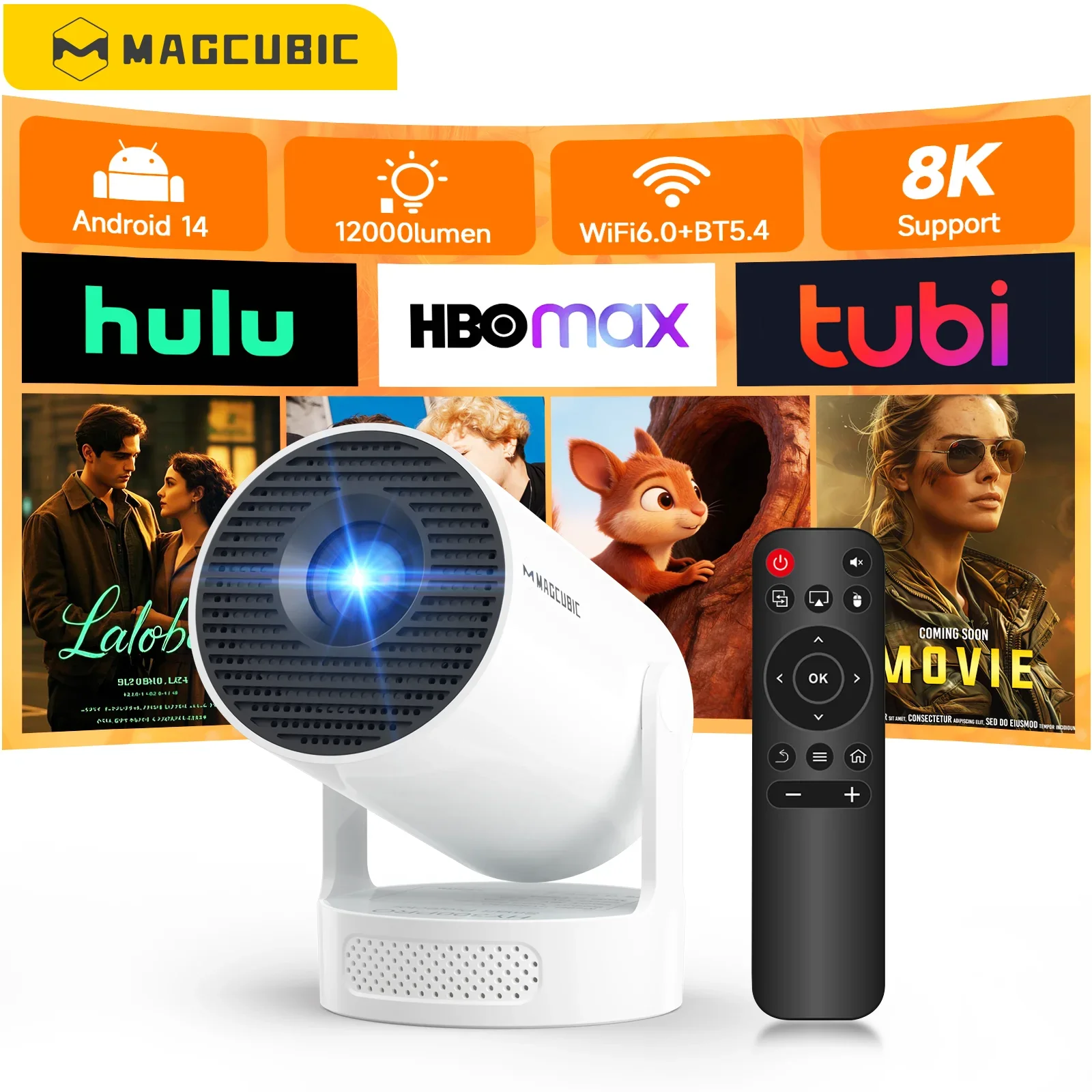 Magcubic 8K HY300 Pro+ 12000 Lumen Android 14 Projektor mit eingebautem 5W-Lautsprecher, Beam Wifi6 BT5.4, tragbarer Outdoor-Projektor