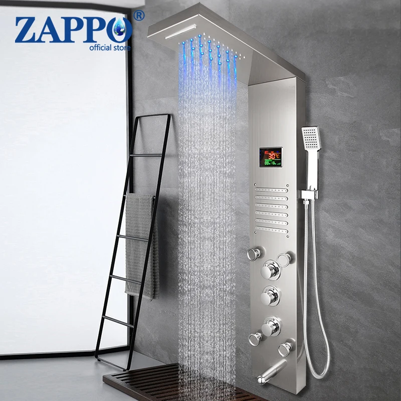 ZAPPO LED Shower Panel Tower System Rainfall and Mist Head Rain Massage Brass Shower Fixtures with Adjustable Body Jets