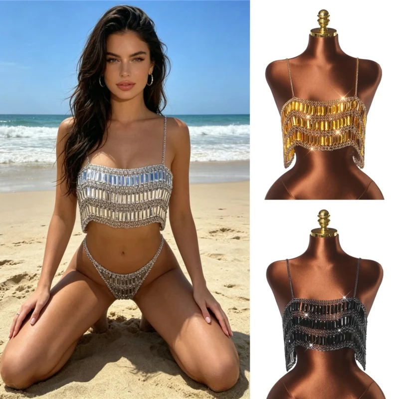Women's Bling Rhinestone Beaded Tank Top Silver Acrylic Sexy Camisole Night Clubwear Beach Party Body Chain Jewelry