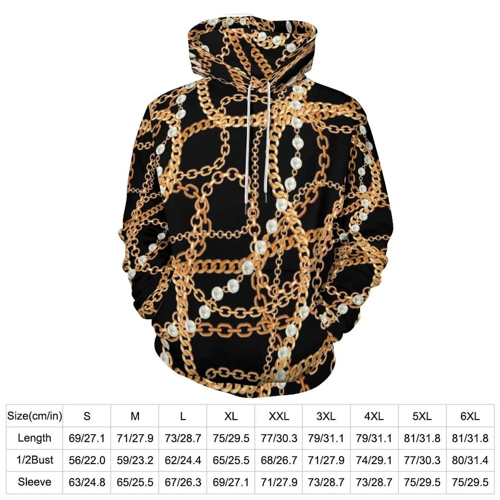 Gold Chains Casual Hoodies Pearl Strand Jewelry Print Street Style Pullover Hoodie Male Long-Sleeve Design Hooded Sweatshirts