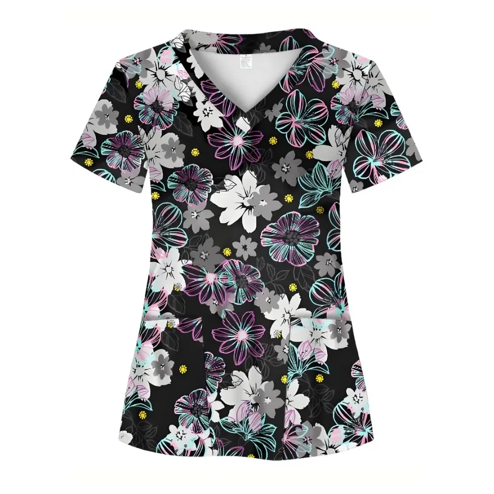 Moda floral impressão uniformes cirúrgicos mulher microelástica com decote em v uniforme clínico dental verão manga curta topos feminino esfrega