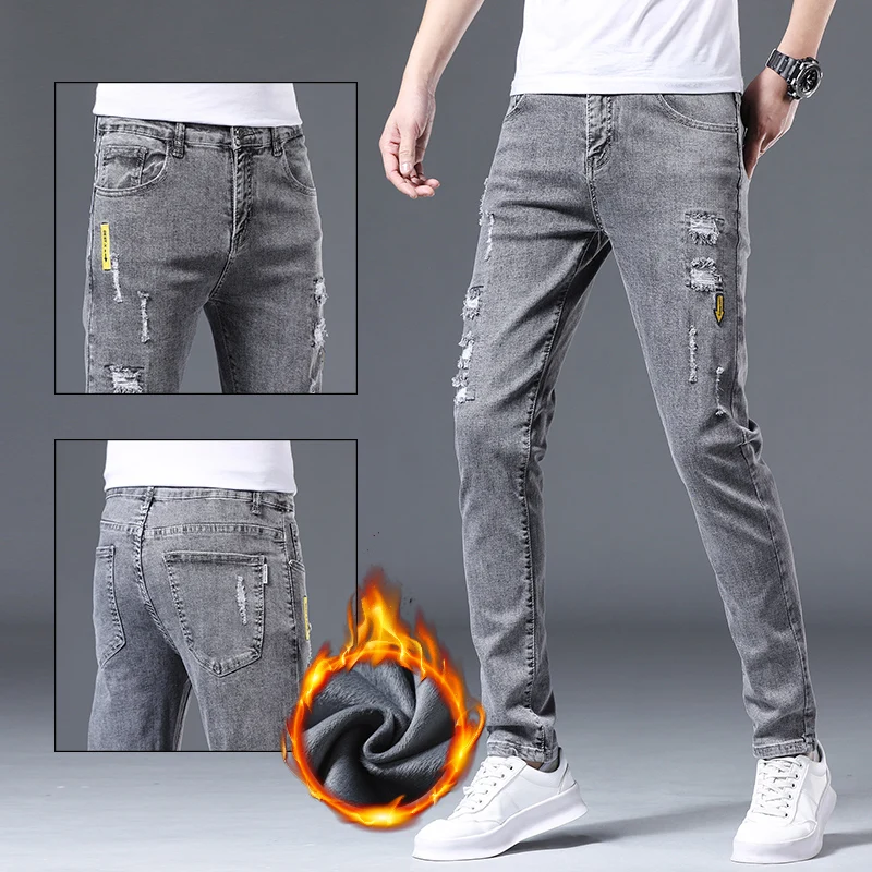 

Новые мужские зимние флисовые теплые джинсы, деловые повседневные прямые потертые брюки, утепленные эластичные универсальные мужские джинсовые брюки