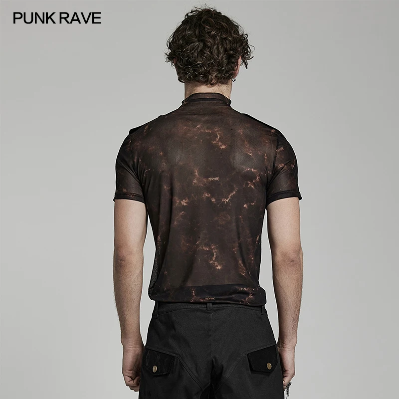 PUNK RAVE Men\'s Doomsday Abstract Printed Mesh Slim Fit T-shirt Shoulders with 3D Lace Decoration Personality Casual Tops Tees