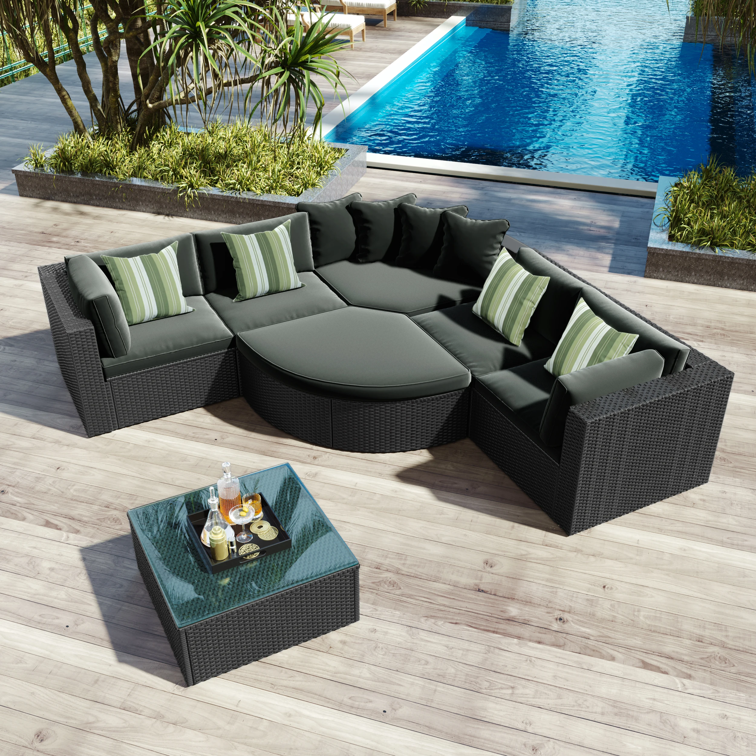 7 pezzi divano da esterno in vimini Set divano in Rattan lettino con cuscini verdi a righe divano conversazione per Patio giardino Deck Black Wicker