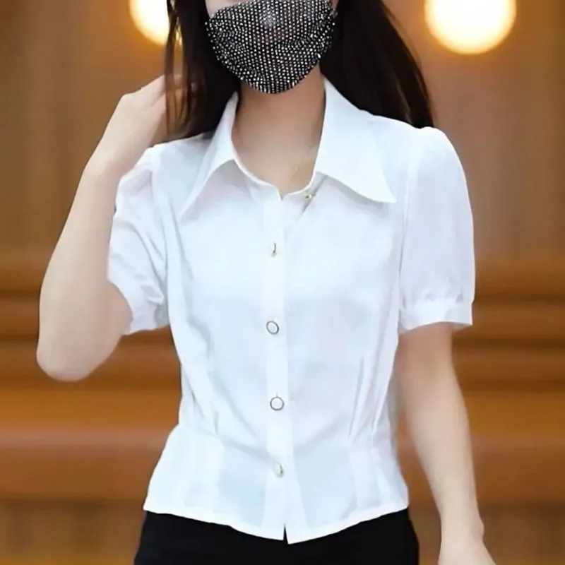 2024 Summer New Women\'s Blouse Polo-Neck Button Printed Letter Pleated Stylish Slim Ventilate Short Sleeve Casual Shirt Tops