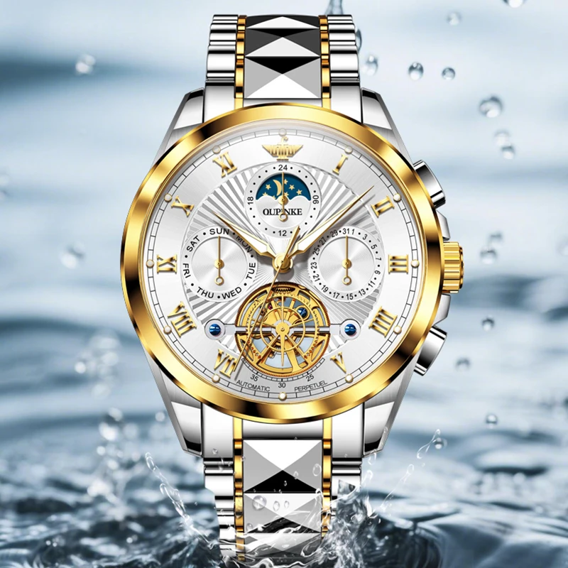 

OUPINKE Mens Luxury Watch Multifunctional Watches For Man Week Date Moon Phase Skeleton Flywheel Mechanical Watch Gift 3322