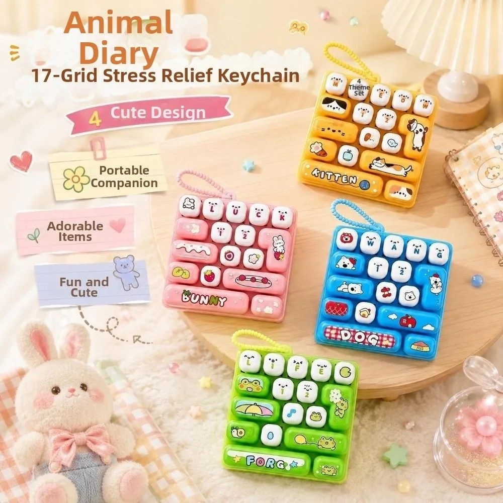 Cartoon 17 Keys Keyboard Keychain Pressable Keys Animals Fingertip Button Keyring Clicker Sound Creative Stress Relief Fidget