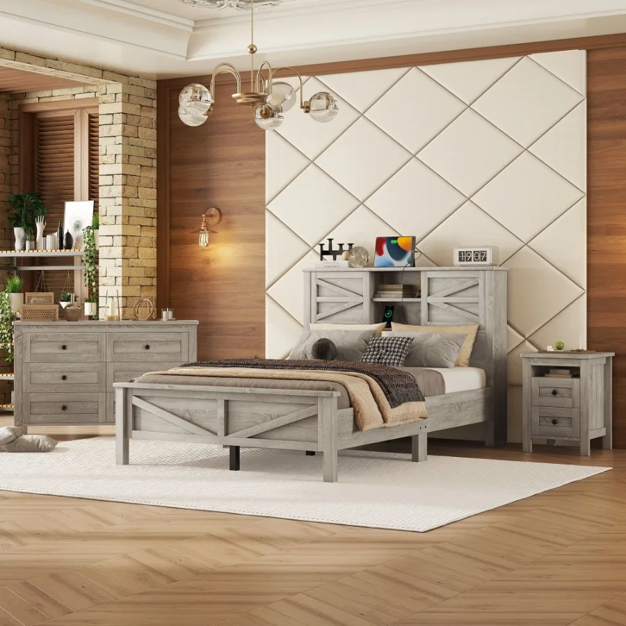

3Pieces Bedroom Sets Full Size Farmhouse Platform Bed with Double Sliding Door Storage board and Charging Station Storage Night