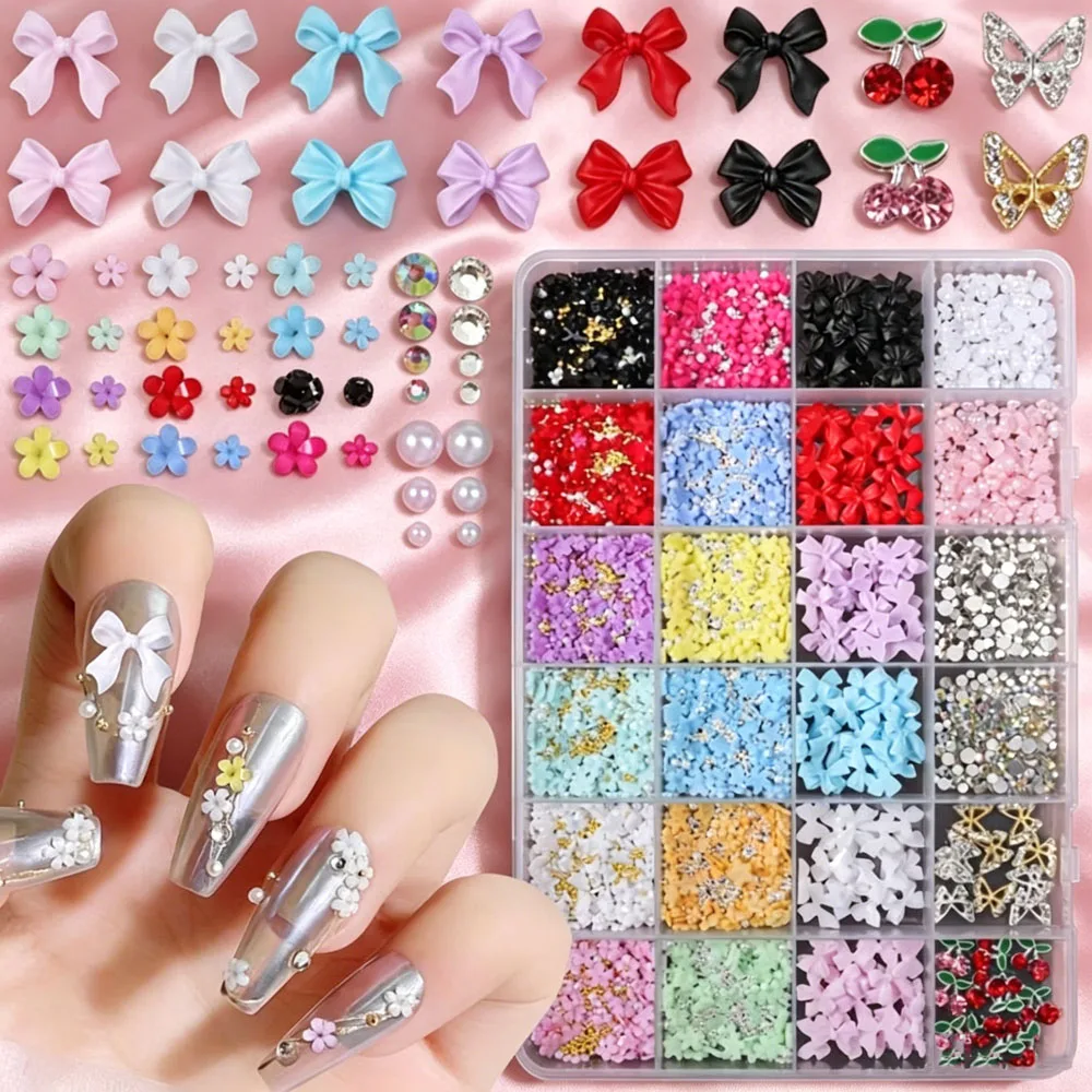 12/24 Gitter 3D Bunte Blumen-Schleifen-Nagelanhänger, gemischte Edelsteine, Perlen, Legierung, Schmetterlinge, Kirschen, Nageldekorationen, DIY-Maniküre-Teile – Detail 1