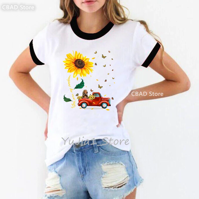 

Watercolor Sunflower Dachshund Print Tshirt Girls Funny White Dog Lover T Shirt Women Harajuku Kawaii Clothes Fashion T-Shirt