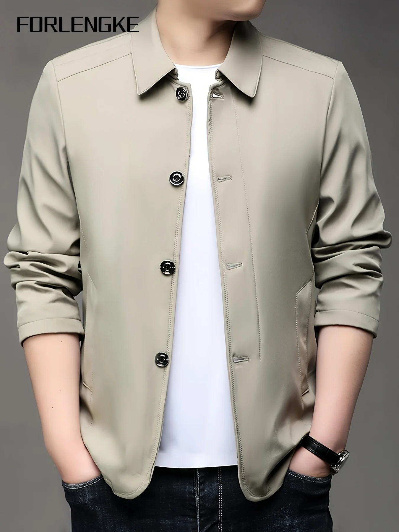 FORLENGKE Men Business Lapel Jacket, Slim Fit Lightweight Button Up Outerwear For Spring Autumn Office Daily Casual Wear