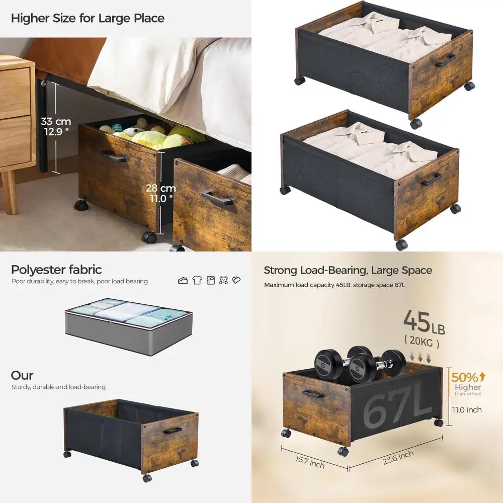 

Rolling Wooden Underbed Storage Box with Wheels, 70L Rustic Brown, Space-Saving Solution