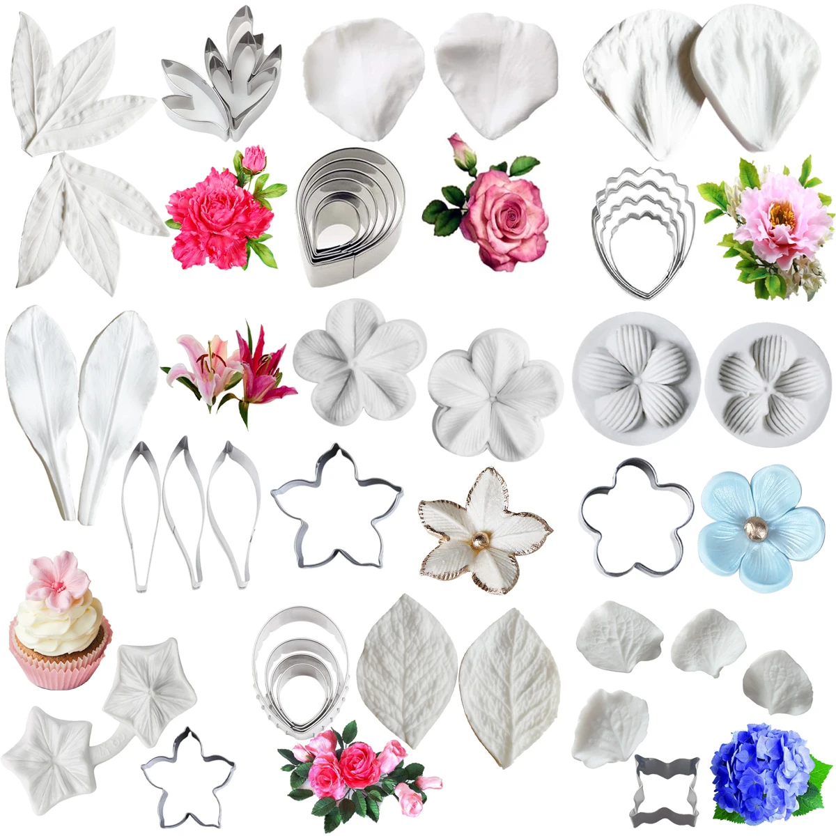 Flower Leaf Fondant Silicone Moulds&Cutters Kit Petal Gum Paste Sugar Art Clay Craft Veining Birthday Cake Cold Porcelain Tools