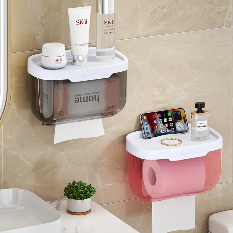 No Drill Wall Mounted Toilet Tissue Box Waterproof Bathroom Paper Holder Storage Rack Toilet Roll Paper Dispenser for Bathroom