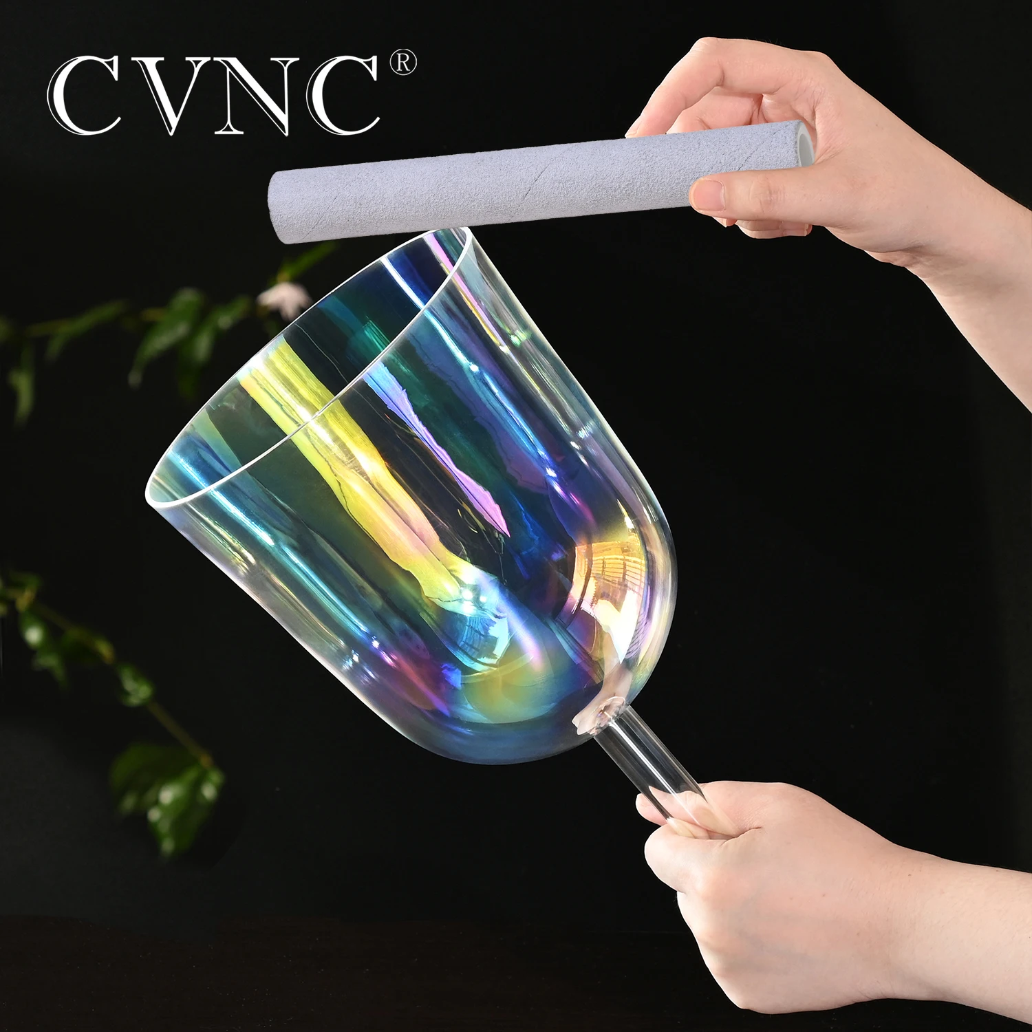 CVNC 7 Inch Cosmic Light Clear Quartz Crystal Singing Bowl with Handle 440/432hz for Stress Relief Sound Healing and Meditation