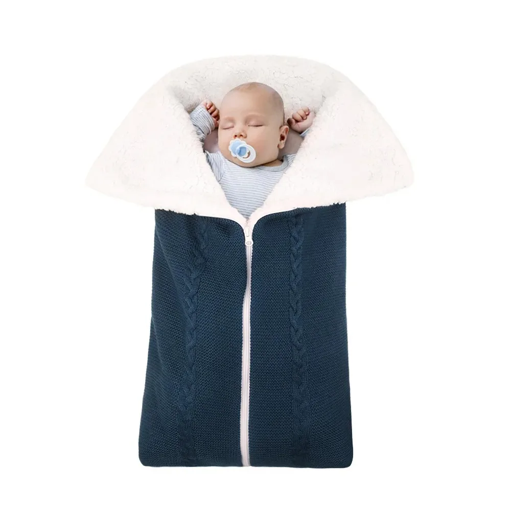 Winter Newborn Sleeping Bags Knitted Plush Lining Blanket for Baby Stroller Thicken Lamb Wool Sleepsack Baby Item Accessories