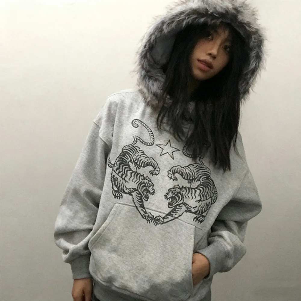 Y2K New Retro Hoodie Men's and Women's Wool Collar Printed Hoodie Autumn/Winter Thick Plush Collar Hoodie INS