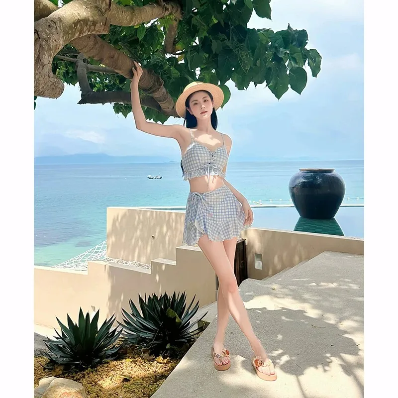 Ins Checkered Two-piece Swimsuit Slimming, Concealing The Belly, Sexy, Cute, Sweet and Spicy Girl Hot Spring Vacation Swimsuit