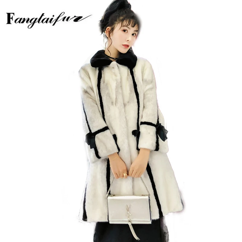 Ftangaiur Winter Female Import Velvet Mink Fur Coat Cross Mink Women Jacket Turn-Down Collar X-Long Natural Real Mink Fur Coats