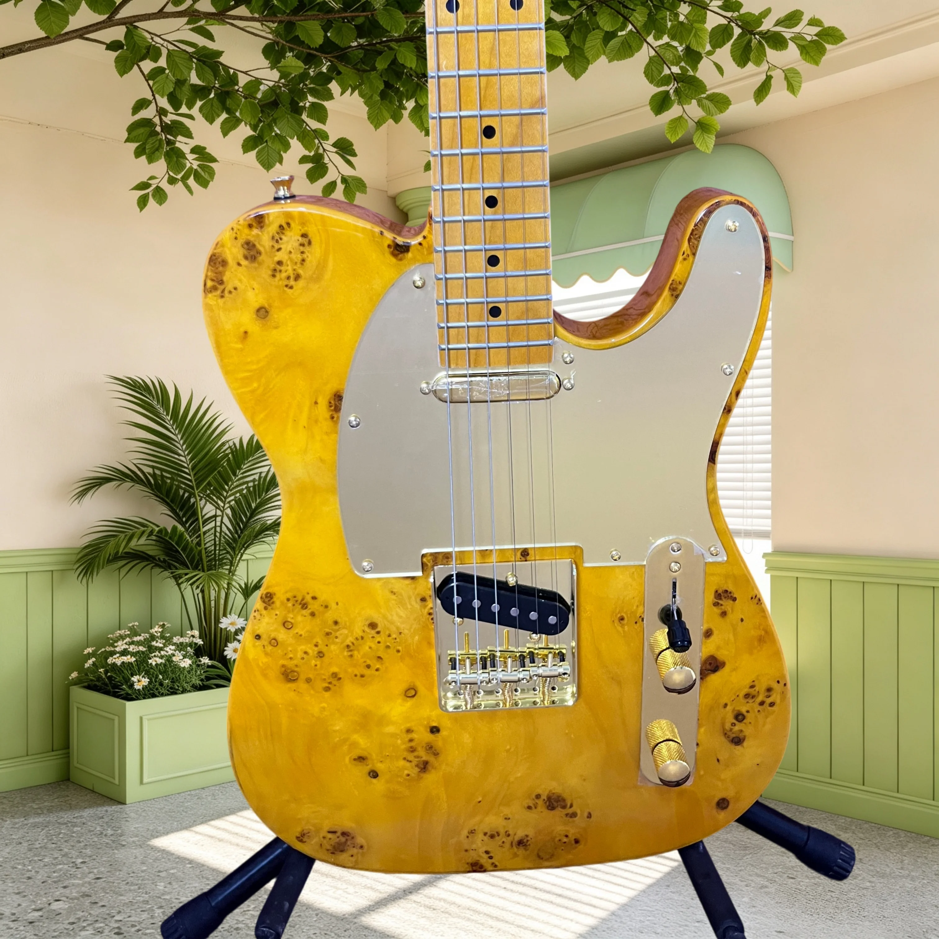 Golden Burl Wood Tele Electric Guitar 1951 Classic Maple Fretboard Retro Country Blues Rock Tool Free Shipping Hot Sale