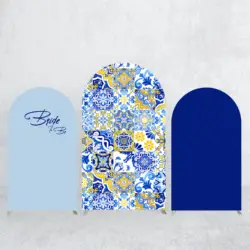 Wedding Decor Arch Backdrop Cover Unique Blue Checkered Design for Photocall Background Balloons Props Spandex Elastic Fabric