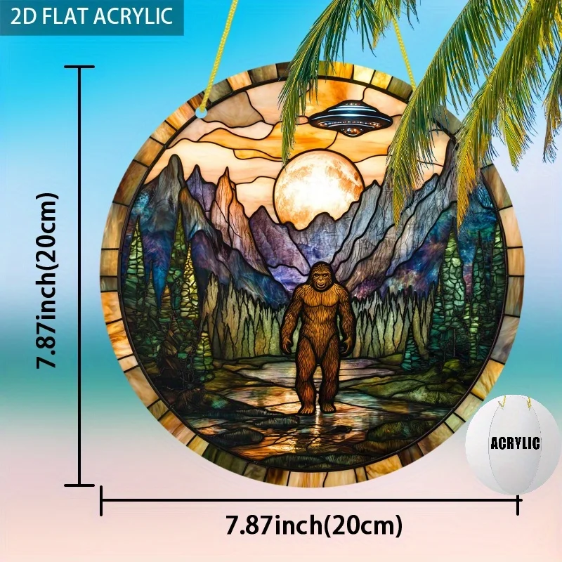 2D Flat 1pc, Bigfoot UFO Mountain Sun Catcher, 7.87x7.87 inch Round Acrylic Sign, Stained Glass Style Window Hanging Decor, Myst
