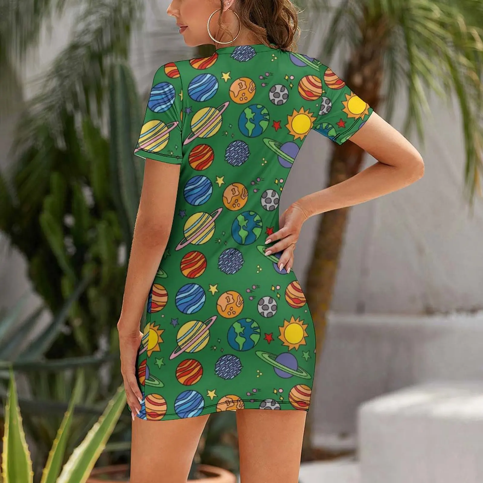 Planet Print | Space | Earth | Astronomy Science Green Short-Sleeved Dress Women dresses summer clothing women summer 2026 Dress