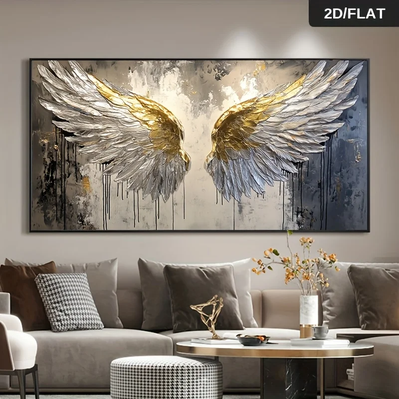 

1pc Frameless Modern Abstract Golden Angel Wings Canvas Art Textured Metallic Golden Leaf & Dark Abstract Background Wall Decor