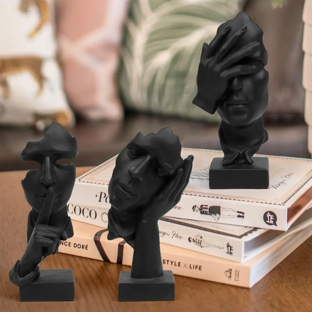 3 Pcs Thinker Statue, Silence is Gold Abstract Art Figurine, No Hear No See No Speak, Home Resin Sculptures Decorative Objects f