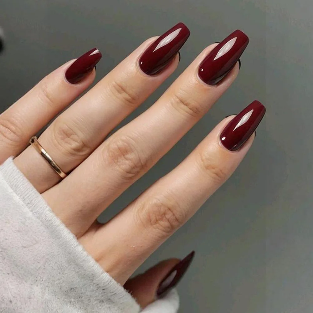 Cherry Red Long Staircase European Style Solid Color Nail Art False Nails 24pcs Wearable False Nails Pure Color Nail Tips