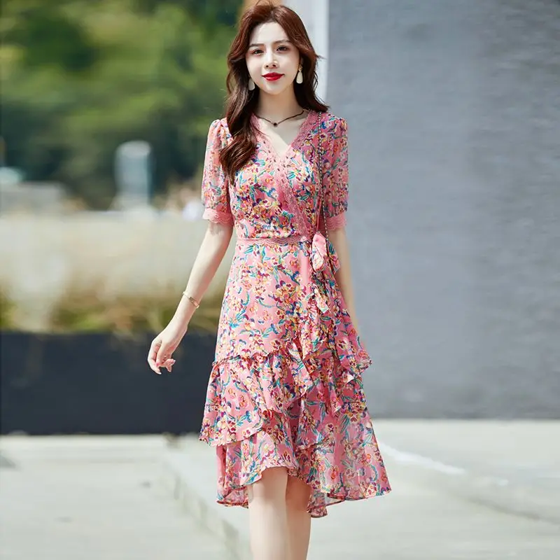 Trend Fashion Floral Ladies Pullovers A-line Skirt Summer Thin Slim Irregular Patchwork Women\'s Clothing Short Sleeve Dresses