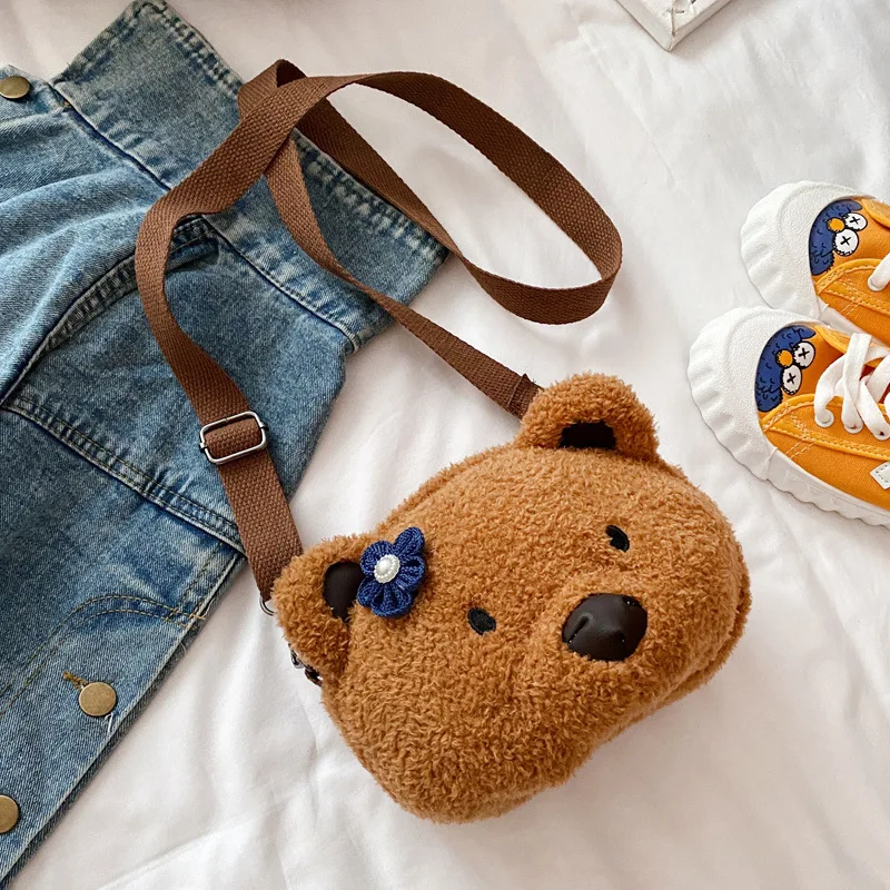

20cm Kawaii Brown Bear With Flower Plush Crossbody Backpack Bag Plush Stuffed Toys Cuddly Plushies Schoolbag For Kids Girl Gift