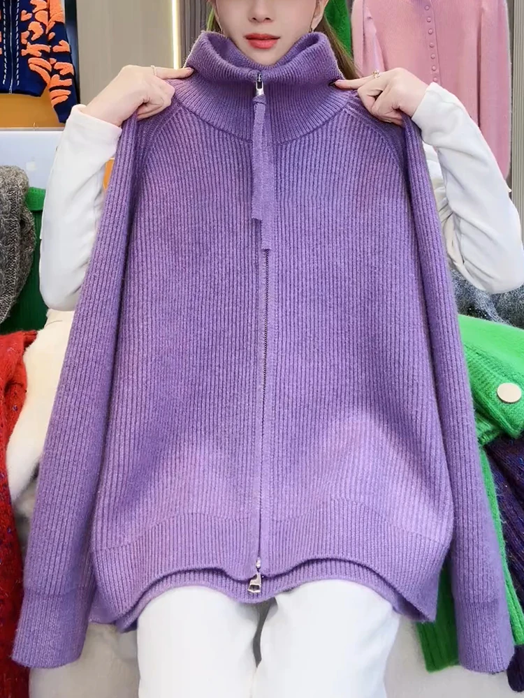 

Вязаная куртка Thiened с высоким воротником на молнии, осенне-зимняя, модная, универсальная, белая, подчеркивающая фигуру, средней длины, больших размеров, женская...