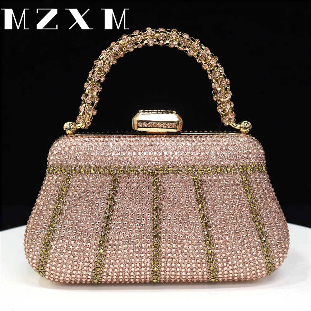 Newest Design Champagne Popular Party Bag Fashion Ladies Bag Rhinestone Handle Tote Stereo Evening Elegant Purse