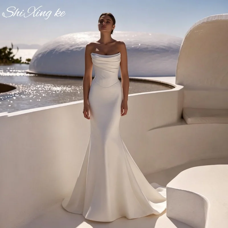 High Fashion Fitted Corset Bridal Gown Strapless Draped Satin Mermaid Court Train Vestidos De Novia Customized
