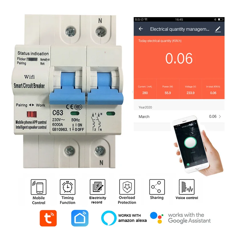 Smart Life APP RCBO Circuit Breaker with Power Monitoring 2P WiFi Leakage Current Short Circuit Protection Alexa