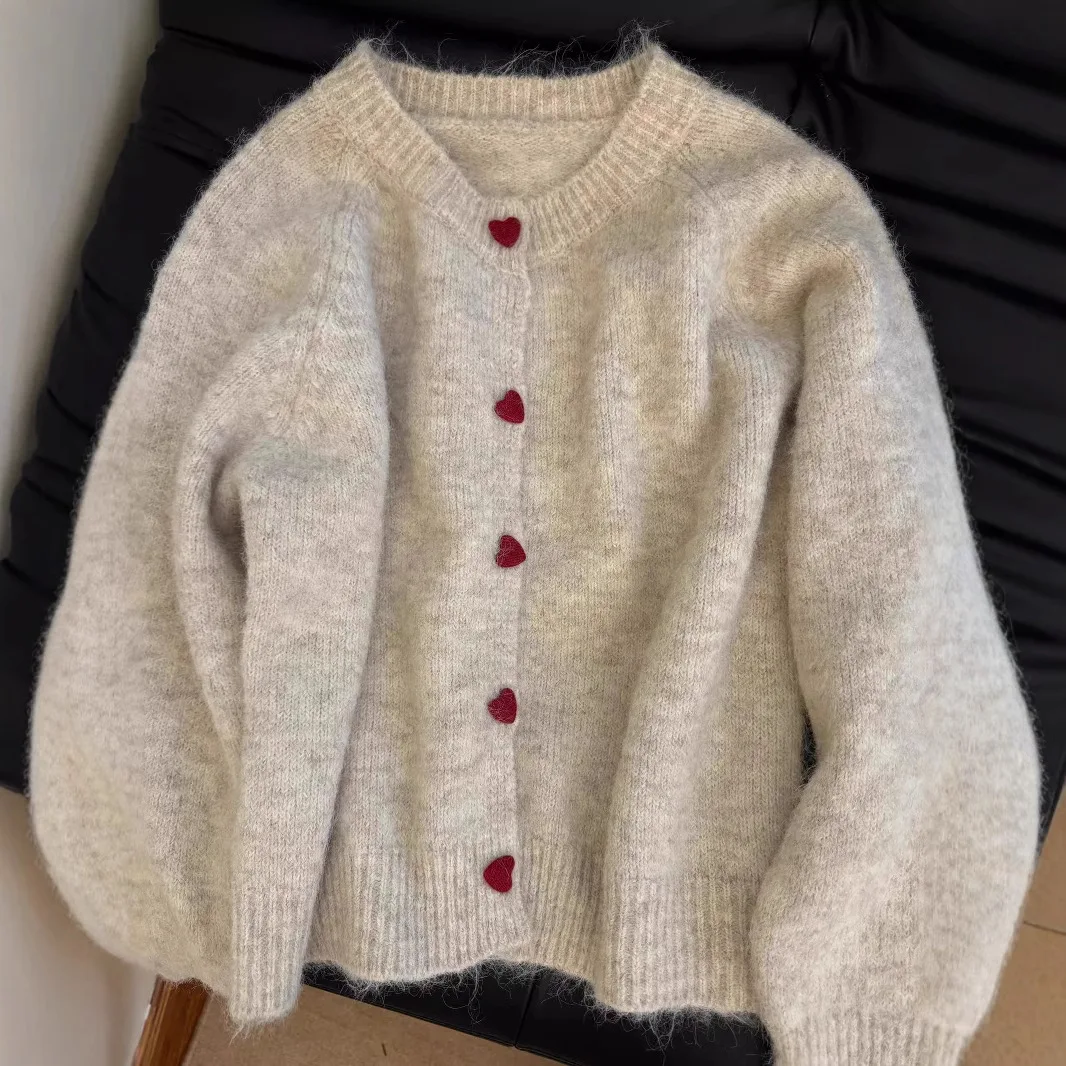 Love Button Sweater Jacket for Women 2025 Autumn New Loose Round Neck Knitted Cardigan Top