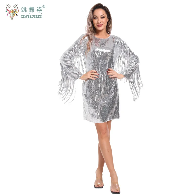 패션 고딕 스타일 라운드 넥 스팽글 술 긴 소매 슬림 볼 드레스 엉덩이 스커트 빛나고 반짝임