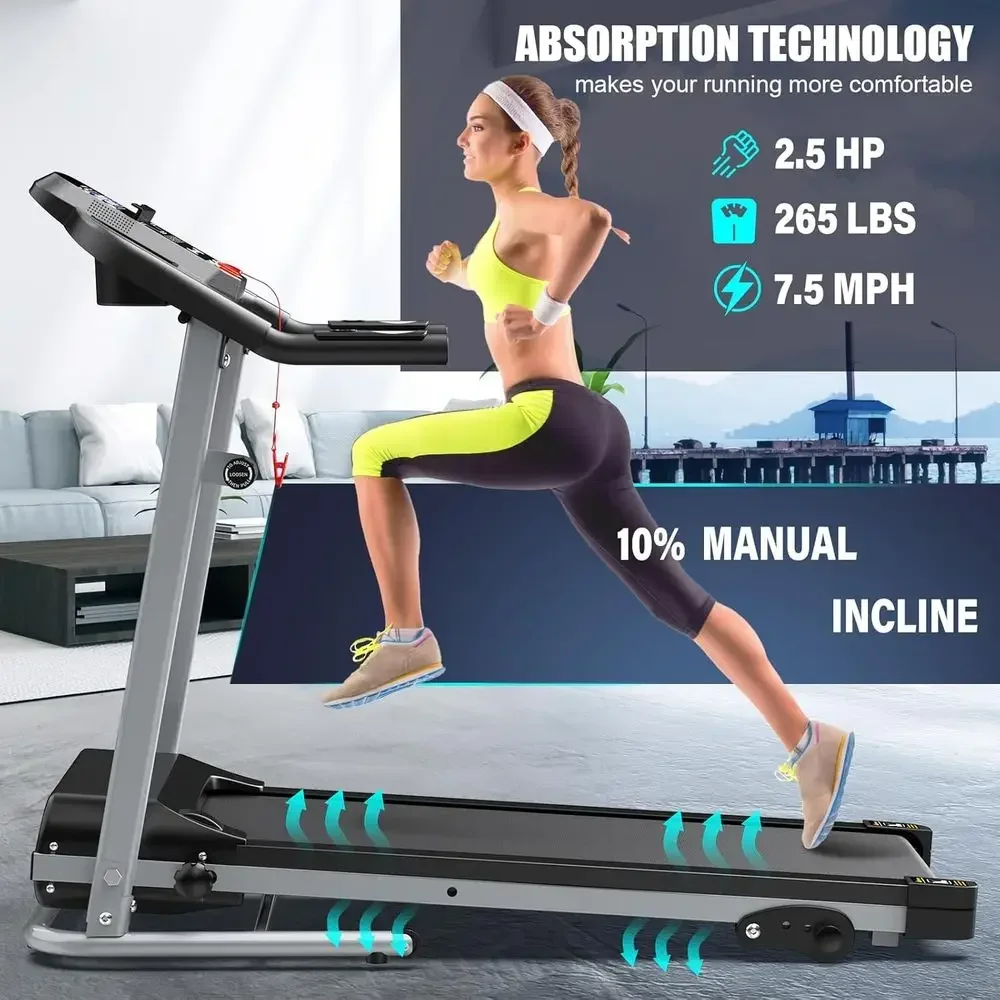 Whisper-Quiet 2.5HP Treadmill with 3-Level Incline, 7.5 MPH Speed, Shock Absorption, Ideal for Small Spaces