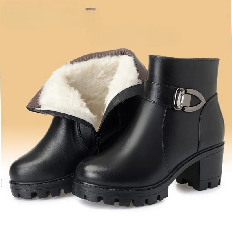 

Winter Women's Boots Luxury Casual Leather Boots Plush Warm Snow Booties Mother Cotton Boots High Heel Ankle Booties Botas Mujer