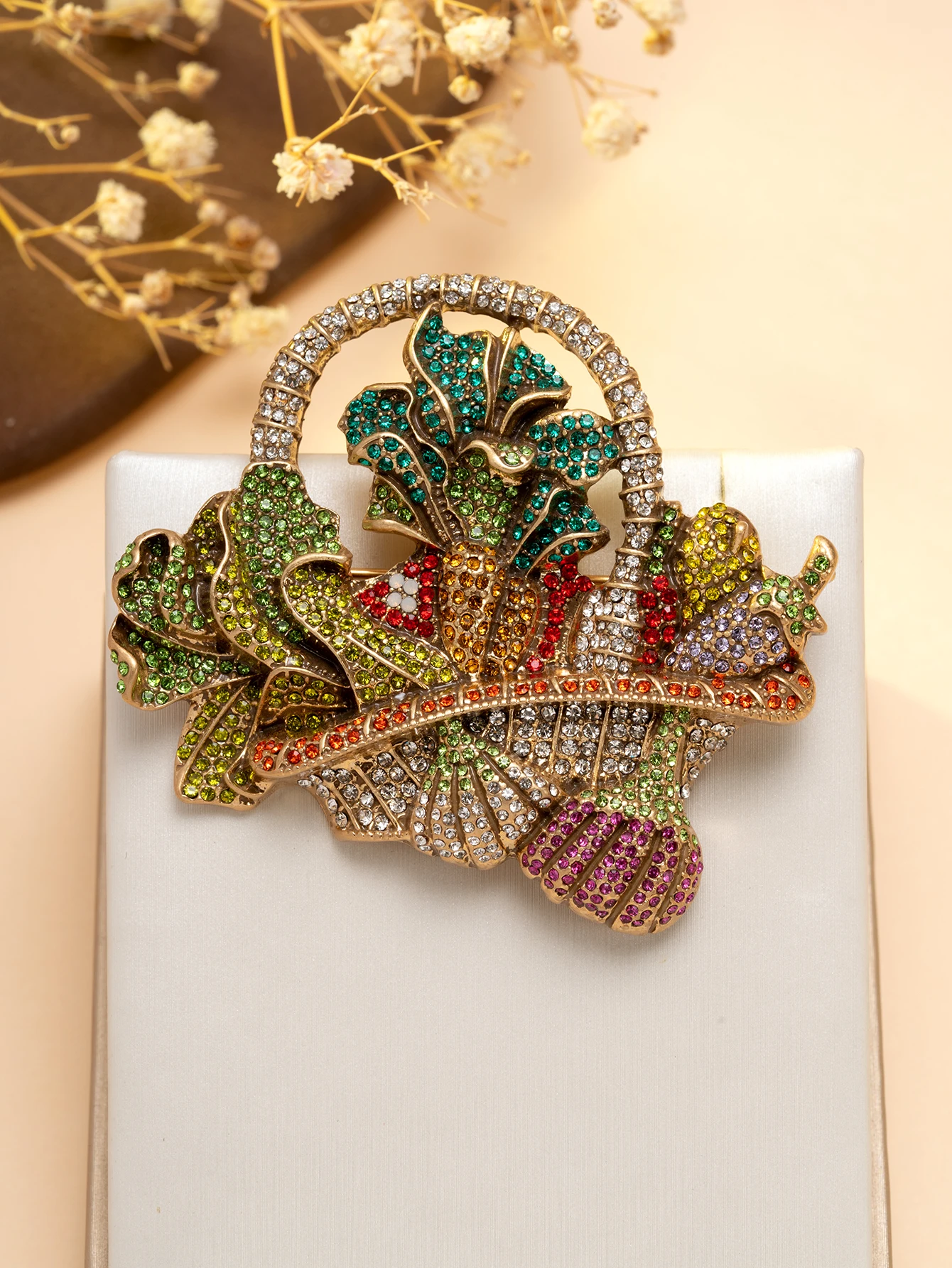Baroque Heavy Craft Multi-Colored Rhinestone Flower Basket Brooch