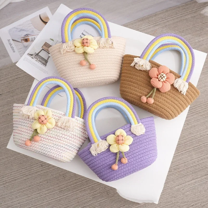 Flowers Rainbow Bags Cotton String Woven Partysu Handbag Wedding Gift Women\'s Bag All-Matching Western Style Hand Bag