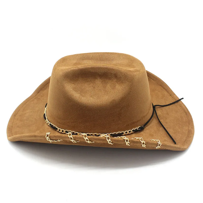 Trendiger Western-Cowboyhut für Männer und Frauen mit Metallkette, breiter Krempe, Wildleder-Visier, modische Jazz-Kappe – Detail 5