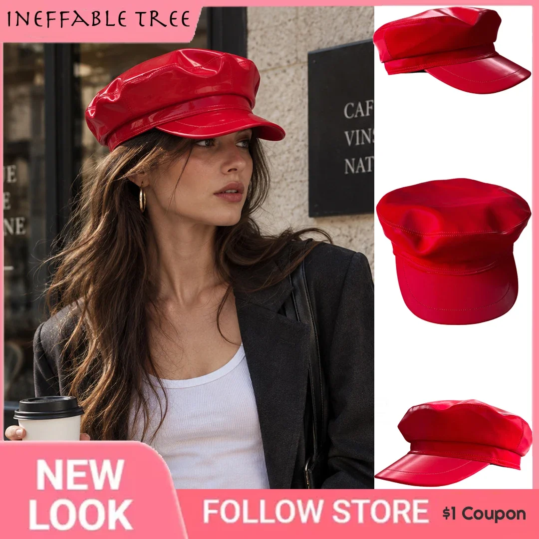High-quality Red PU Leather Navy Hats for Men&Women Fall Winter Retro Versatile Flattering Face-Slimming Wide Brim Beret Caps