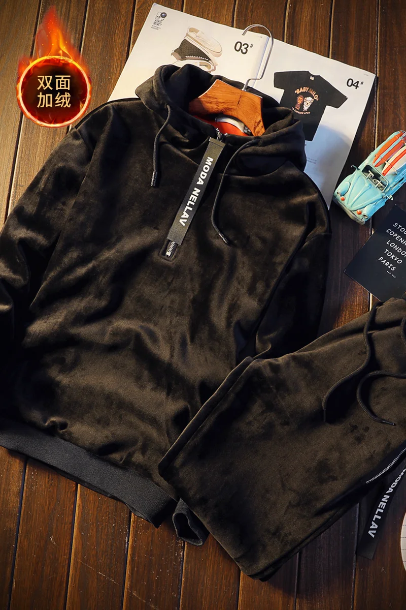Winter Warm Mannen Fluwelen Pak Winter Nieuwe Goud Fluwelen Set Twee Stuk Trainingspak