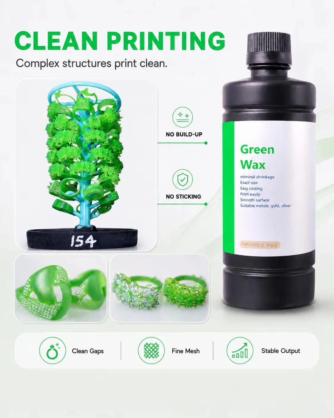 1KG Green Liquid Photopolymer Resin for LCD DLP 3D Printing, High Precision Material for Jewelry Casting