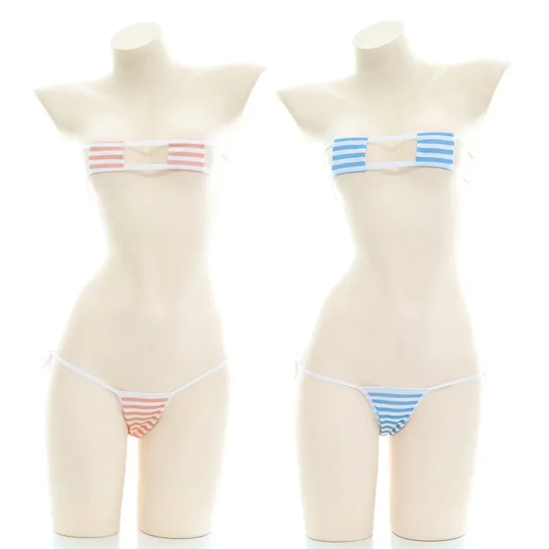 Cute Two-Piece Suits Adjustable Girls Striped Bikini Set Swimsuit Women Sexy Hollow Bathing Suit Bandage Beach Bikinis Bottoms