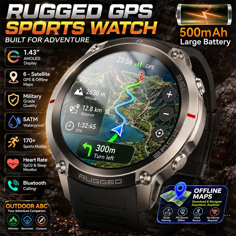 Outdoor Adventure Reservations - แผนที่ออฟไลน์ การผจญภัยกลางแจ้ง นาฬิกาสมาร์ทวอทช์ GPS สำหรับทหาร กันน้ำ