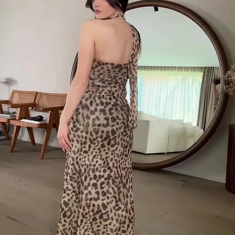 HXAO Leopard topy z siateczki kobiety nadruk Halter Top kobieta bez ramiączek Top z wyciętymi plecami seksowna bielizna damska letni Top krótki Top