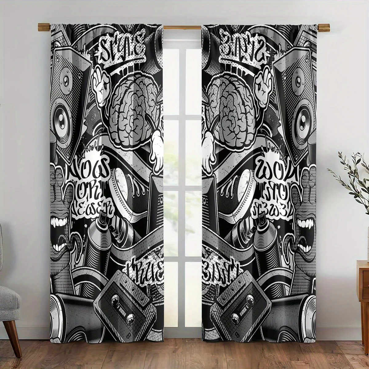 Graffiti Brain Speaker Curtains Urban Street Art Drape for Man Cave Garage Bedroom Window Decoration